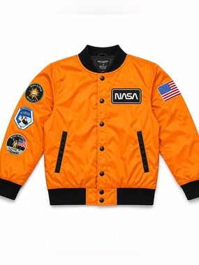 Buzz Aldrin NASA Space Bomber Jacket Kids Size Small Orange Mission Patches